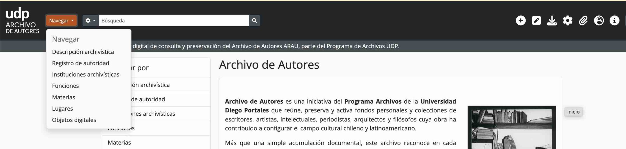 Barra de navegación de ARAU con secciones principales y selector de idioma