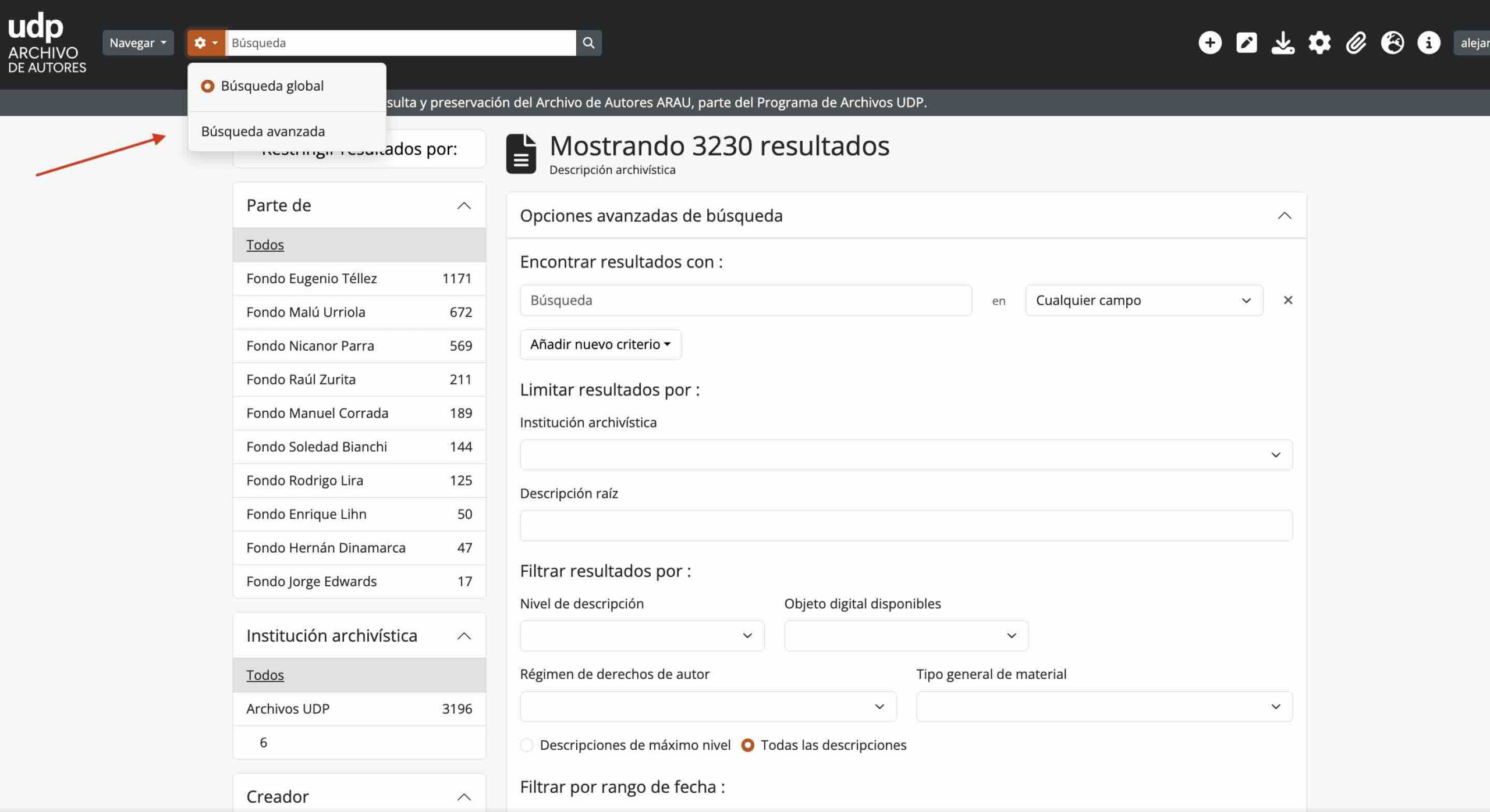 Pantalla de búsqueda avanzada en ARAU mostrando filtros y campos de consulta