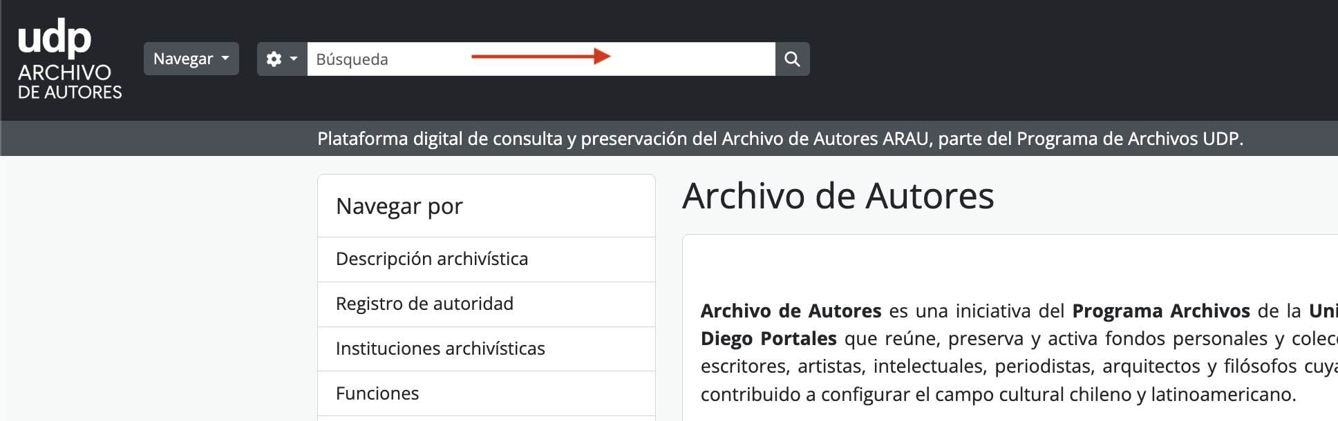 Página de inicio de ARAU – UDP (AtoM), con barra de navegación y buscador